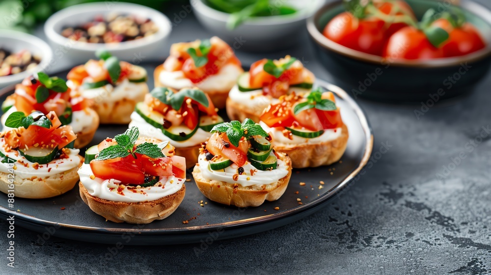 Appetizing tomato and cucumber canapes with cream cheese and fresh mint on a black plate. Appetizing tomato and cucumber canapes with cream cheese and fresh mint on a black plate.
