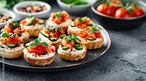 Appetizing tomato and cucumber canapes with cream cheese and fresh mint on a black plate.