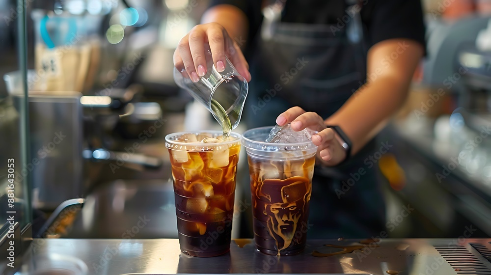 Serving iced coffee in a plastic cup is a barista