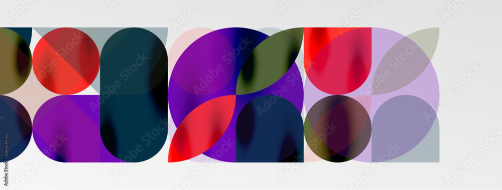 Mosaic geometric elements. Colorful circles, round geometric shapes and lines with shadow 3d effects. Simple forms abstract background for wallpaper, banner, template or landing Mosaic geometric elements. Colorful circles, round geometric shapes and lines with shadow 3d effects. Simple forms abstract background for wallpaper, banner, template or landing