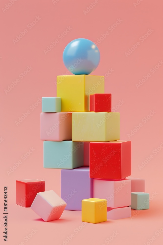 Obraz premium isometric composition of a pile of blocks and cubes in pastel colors with colorful sphere on top, pink background, minimalistic style, 3d render, 