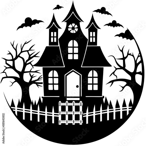 Halloween Haunted house silhouette, scene of ghost mansion. Vector illustration