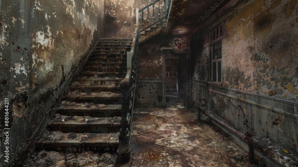 Obraz premium Fire Damaged Stairway in an Abandoned Building