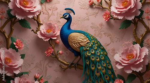 3d design with two peacocks and pink blossoms, ornate decorative wallpaper, generative.ai
