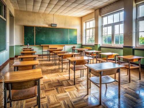 Wallpaper Mural Empty classroom with a traditional blackboard, wooden tables, and chairs, decorated with educational posters, awaiting the arrival of a dedicated teacher. Torontodigital.ca