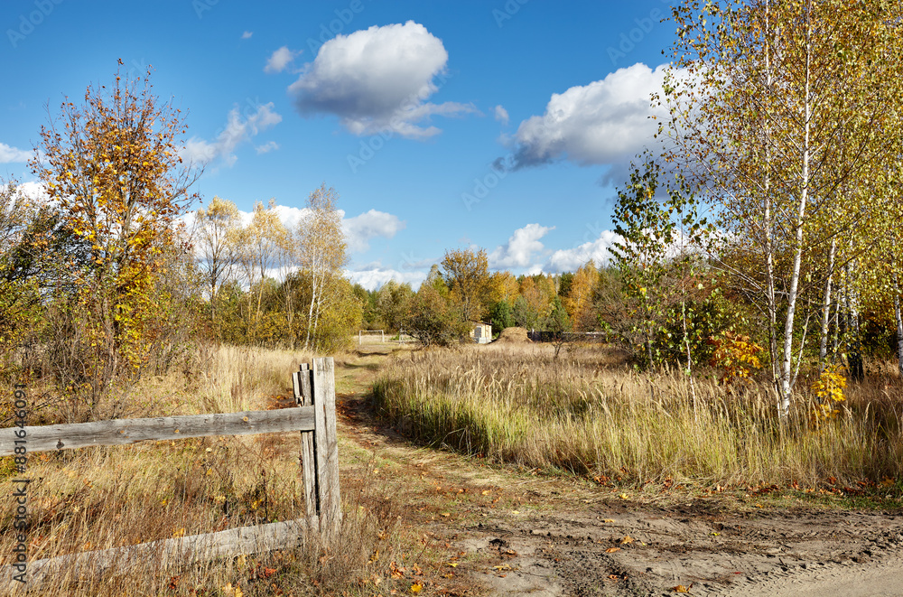 Fototapeta premium Old wooden fence against a sky on a sunny day. Beautiful summer or autumn rural landscape