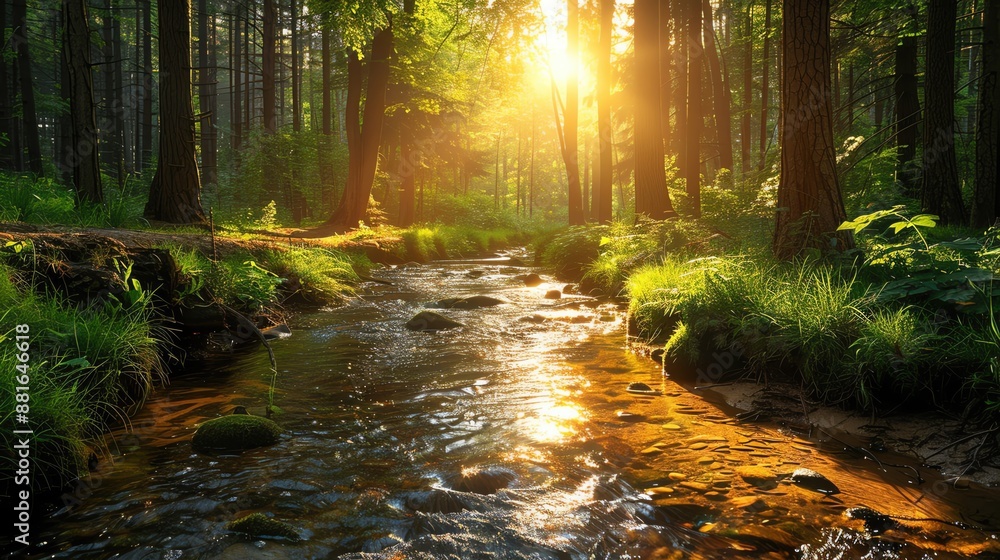 Fototapeta premium Soothing forest scene with a clear stream and dappled sunlight