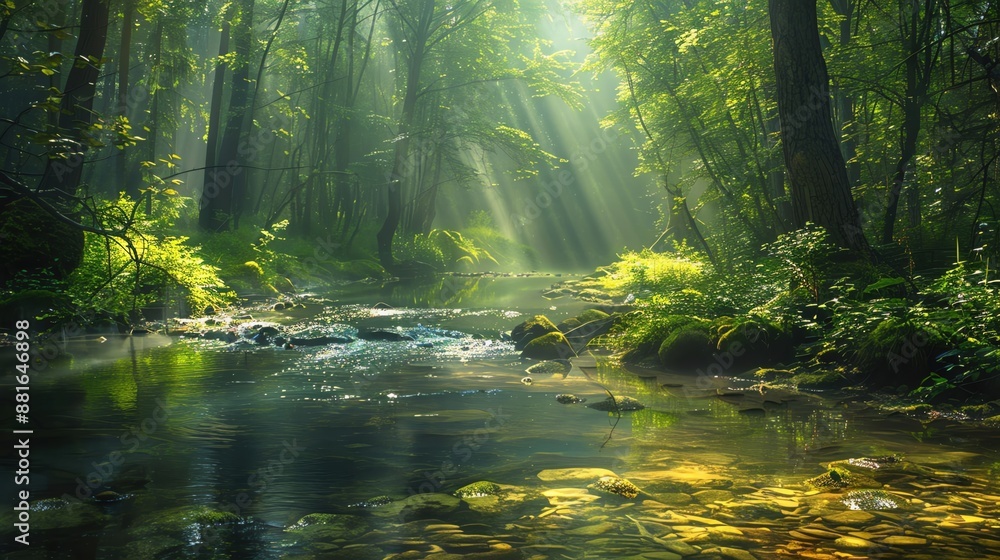 Fototapeta premium Soothing forest scene with a clear stream and dappled sunlight
