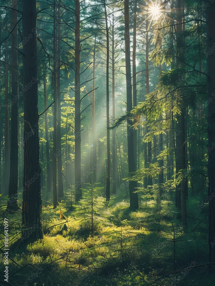 Obraz premium Tranquil forest background with tall trees and sunlight