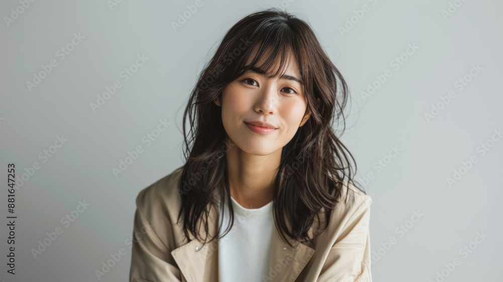 Beautiful Japanese woman with medium length hair smiling and looking at the camera. The Asian female is wearing a beige jacket over a white t-shirt against a light grey background Beautiful Japanese woman with medium length hair smiling and looking at the camera. The Asian female is wearing a beige jacket over a white t-shirt against a light grey background