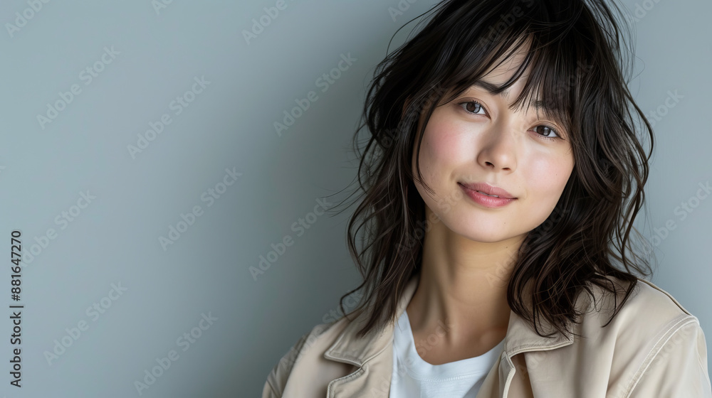 Fototapeta premium Beautiful Japanese woman with medium length hair smiling and looking at the camera. The Asian female is wearing a beige jacket over a white t-shirt against a light grey background