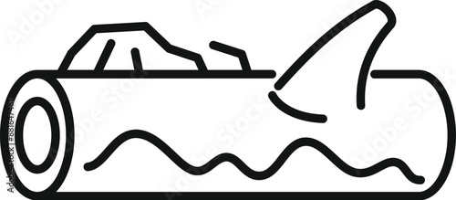 Treasure chest at the bottom of the sea with a shark fin swimming above, in a line icon style