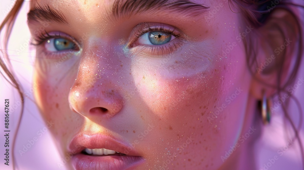 woman with clear healthy face skin captured in soft morning light with a pastel purple background copy space woman with clear healthy face skin captured in soft morning light with a pastel purple background copy space