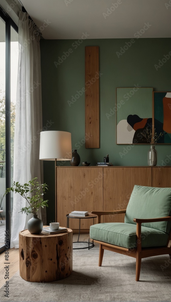 Fototapeta premium Living Room with Green Walls and Wooden Furniture