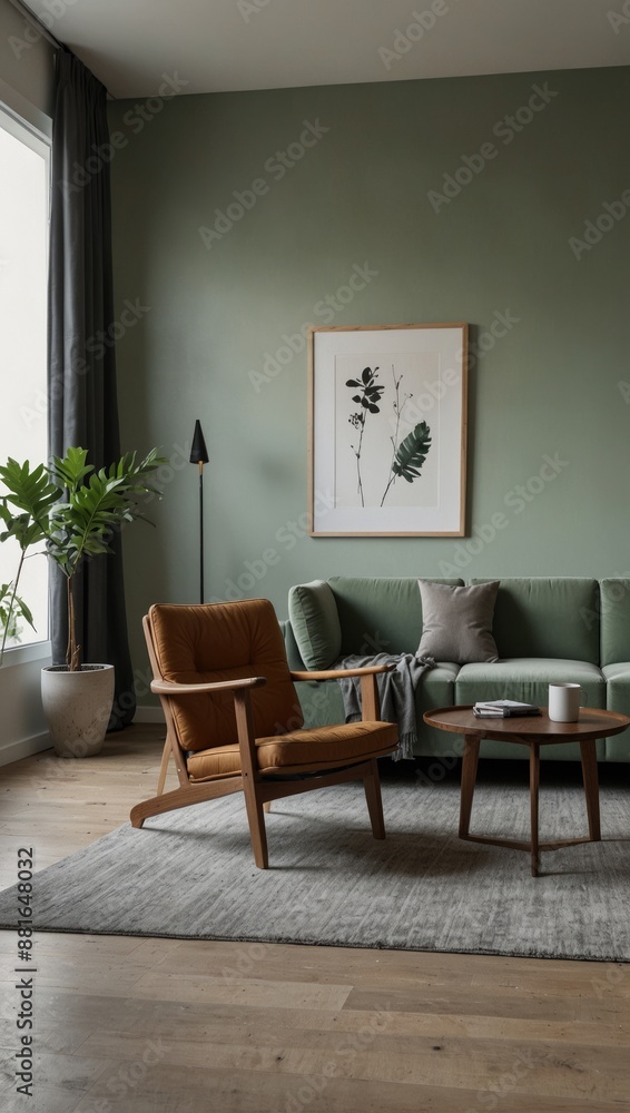 Living Room with Green Walls and Wooden Furniture Living Room with Green Walls and Wooden Furniture