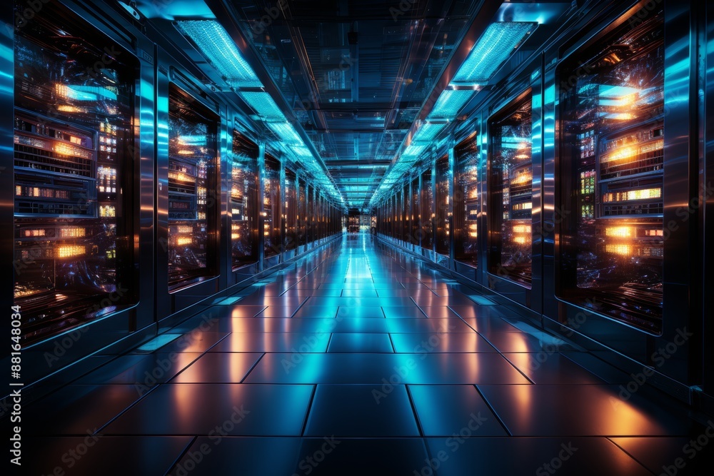 Data center corridor with rack servers, supercomputers, and internet visualization projection Data center corridor with rack servers, supercomputers, and internet visualization projection