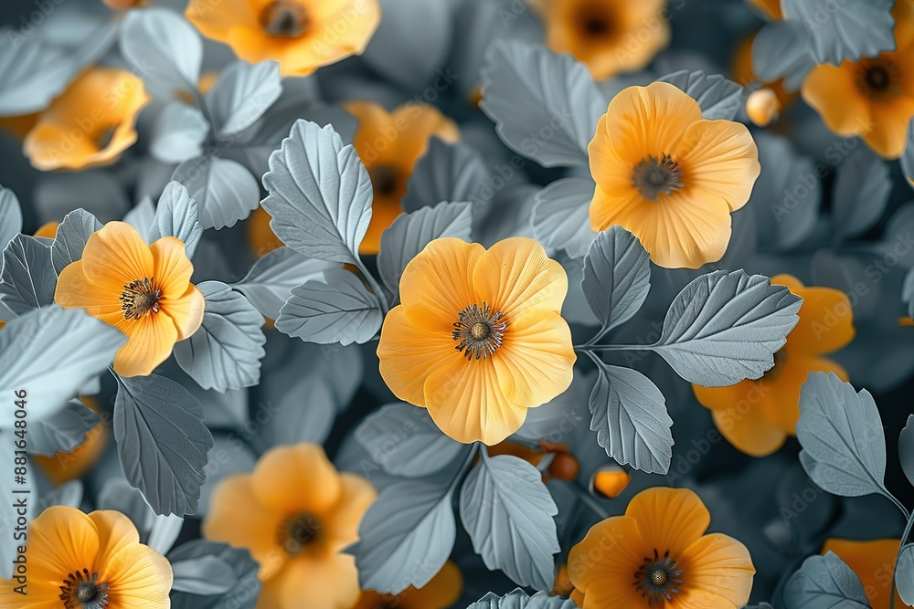 A close up of a bunch of yellow flowers with some gray leaves A close up of a bunch of yellow flowers with some gray leaves