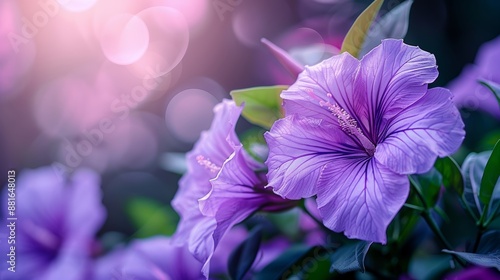 The pretty purple kencana flower Ruellia tuberosa is blooming in the garden. Creative banner. Copyspace image