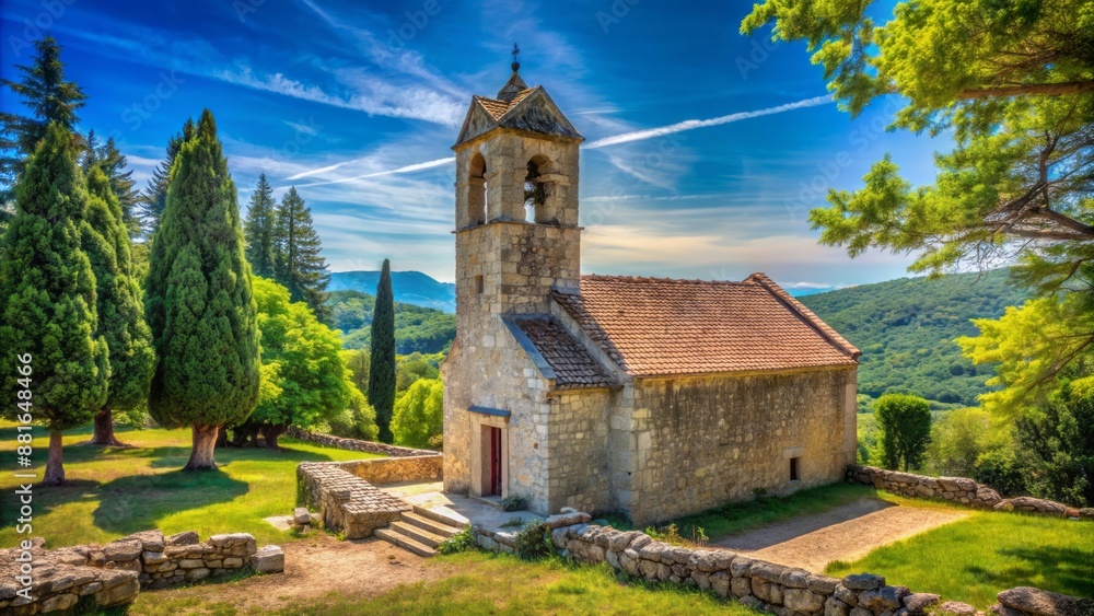 Serene isolated medieval stone church surrounded by lush greenery and ancient trees in rural Croatian countryside landscape. Serene isolated medieval stone church surrounded by lush greenery and ancient trees in rural Croatian countryside landscape.