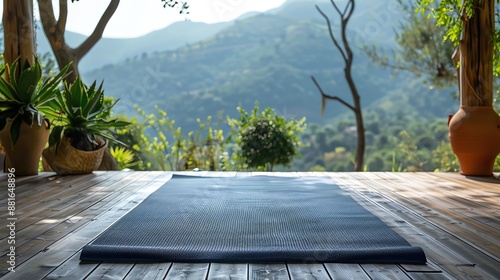 Yoga mat on a wooden floor with a view of nature