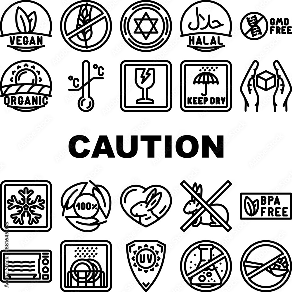 product caution label warning icons set vector. vegan, gluten free, fair trade, temperature sensitive, kosher, halal, gmo free product caution label warning black contour illustrations product caution label warning icons set vector. vegan, gluten free, fair trade, temperature sensitive, kosher, halal, gmo free product caution label warning black contour illustrations