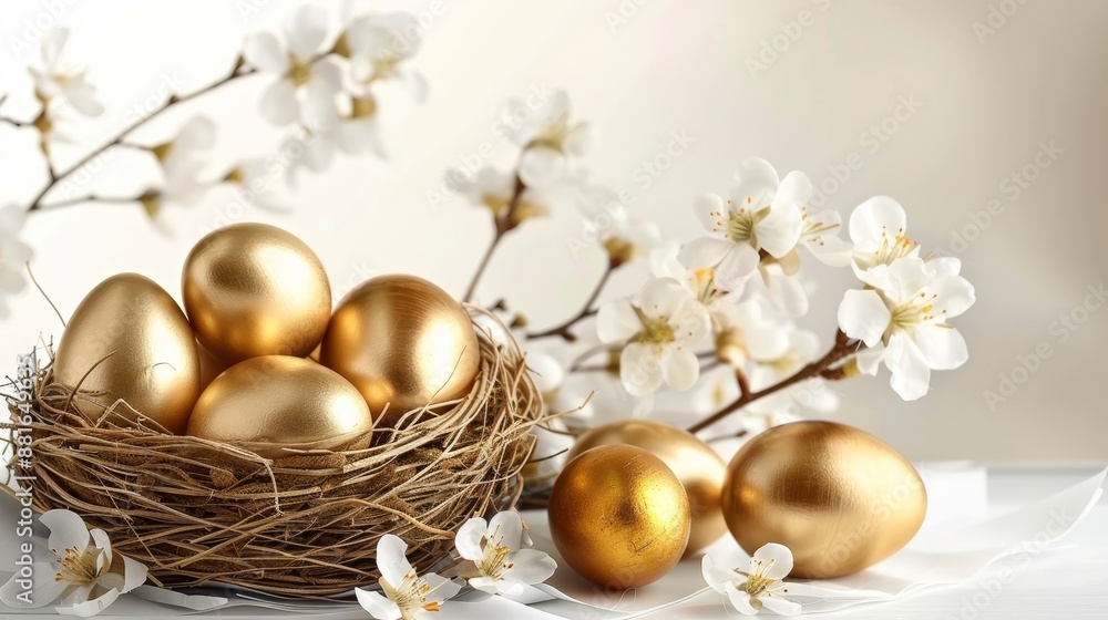 Fototapeta premium Easter themed banner with a beautiful display of golden chocolate eggs in an egg basket nestled on white paper to resemble a cozy nest Perfect for celebrating the joyous Easter holiday Includes copy