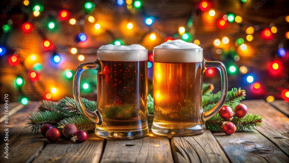 Two foamy beer mugs sit on a rustic wooden table adorned with festive decorations, surrounded by vibrant colorful lights ambiance. Two foamy beer mugs sit on a rustic wooden table adorned with festive decorations, surrounded by vibrant colorful lights ambiance.