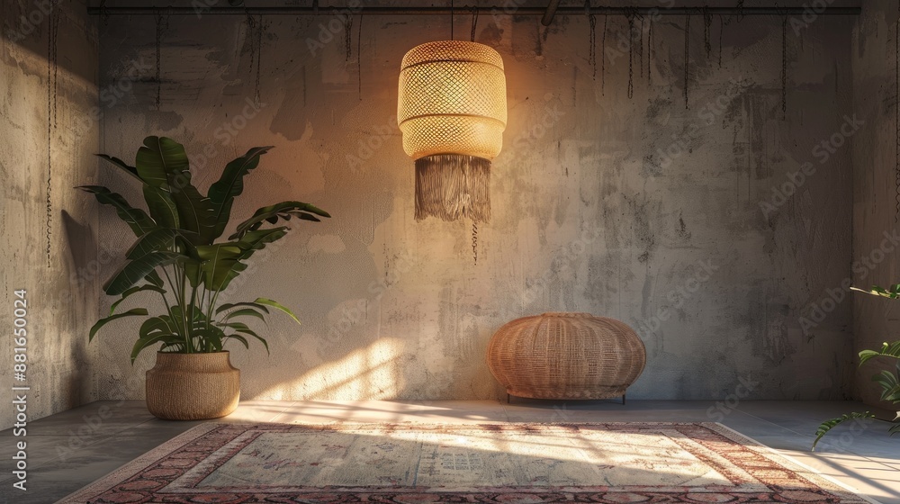 Furniture with indoor plant rug and pendant light by illuminated wall