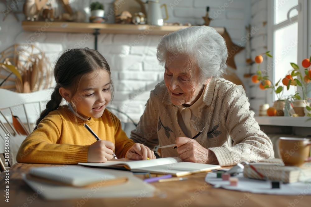 Fototapeta premium A Grandmother and her Granddaughter enjoy quality time together while doing homework, strengthening their bond through learning and support. They share warmth and nurturing guidance