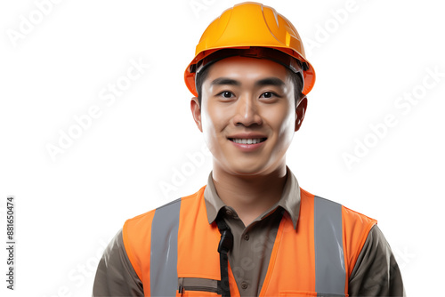 Asian public works worker smiling on transparent background. Subjects related to public works. Construction profession. Transparent background png cutouts. Job offer. Asian country.