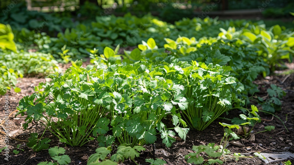 A summer herb garden filled with robust cilantro plants, their green foliage creating a lush, fragrant landscape under the bright, warm sunlight. A summer herb garden filled with robust cilantro plants, their green foliage creating a lush, fragrant landscape under the bright, warm sunlight.