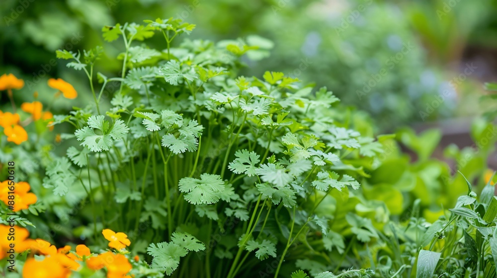 Healthy cilantro plants growing in a well-tended backyard herb garden, surrounded by other vibrant herbs and flowers, highlighting the abundance of summer growth. Healthy cilantro plants growing in a well-tended backyard herb garden, surrounded by other vibrant herbs and flowers, highlighting the abundance of summer growth.