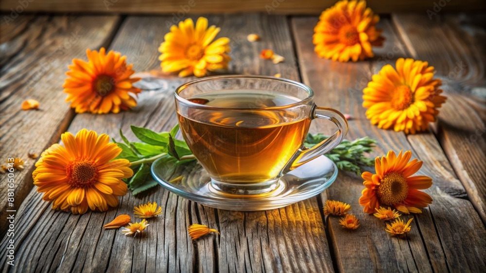 Warmly lit, serene composition featuring a delicate cup of calendula tea on a weathered wooden background, evoking feelings of comfort. Warmly lit, serene composition featuring a delicate cup of calendula tea on a weathered wooden background, evoking feelings of comfort.