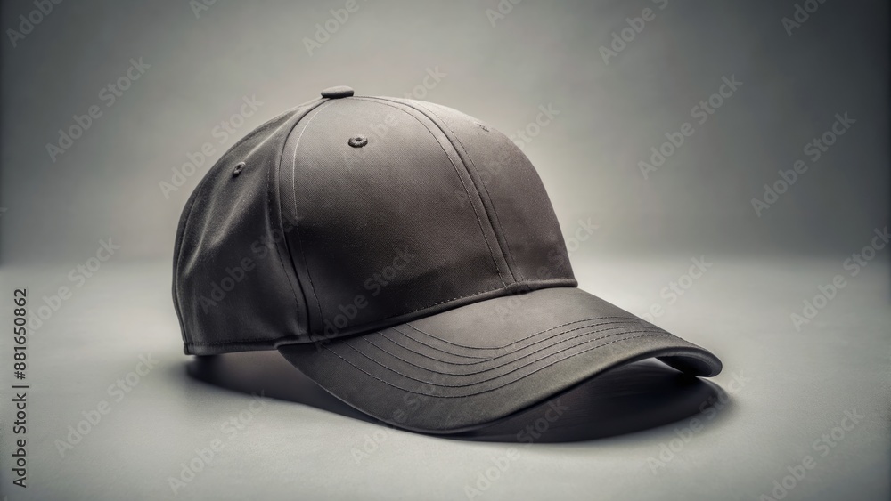 A solitary, sleek, black baseball cap lies on a light gray background with subtle texture and soft, diffused lighting. A solitary, sleek, black baseball cap lies on a light gray background with subtle texture and soft, diffused lighting.