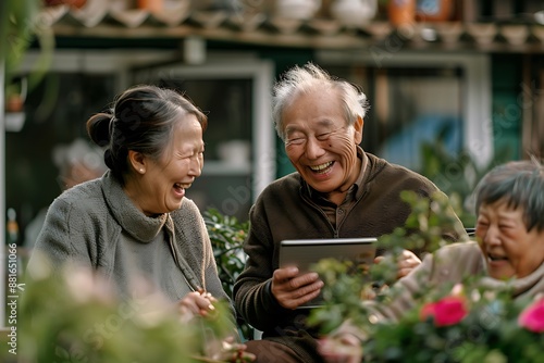 An elderly man and woman laughing together while receiving help and assistance from a caregiver using modern tablet technology in a senior care facility.