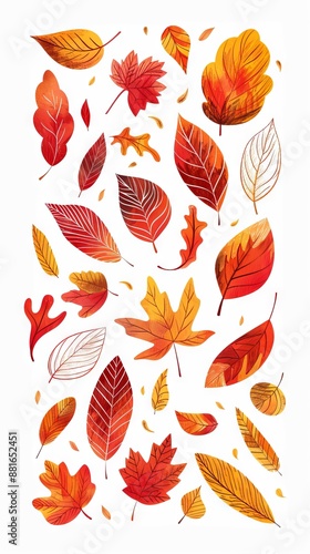 Colorful autumn leaves with different shapes and sizes on a white background. Concept of fall foliage, nature, seasonal change, botanical illustration. Vertical