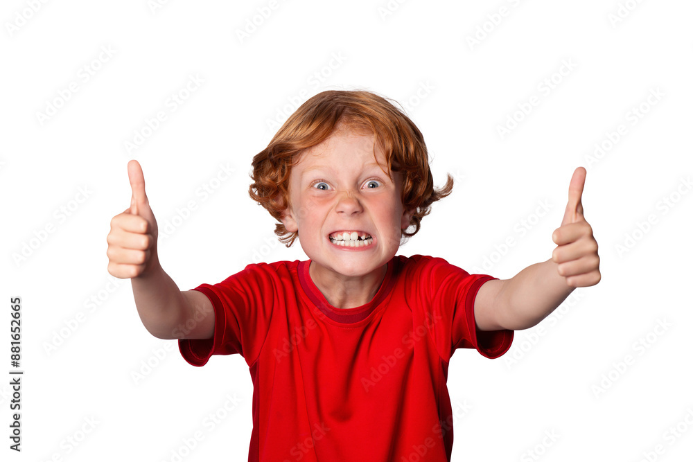 Little red-haired preschool child smiling and shows likes with his fingers in the camera isolated on free png background. Little red-haired preschool child smiling and shows likes with his fingers in the camera isolated on free png background.