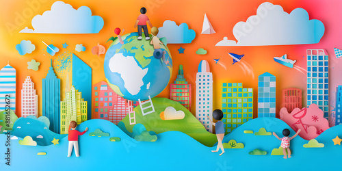 Wallpaper Mural A Colorful and Whimsical Paper Cutout Scene of Children Around the World in a Vibrant Cityscape, Showcasing Imagination, Unity, and Joyful Childhood Torontodigital.ca