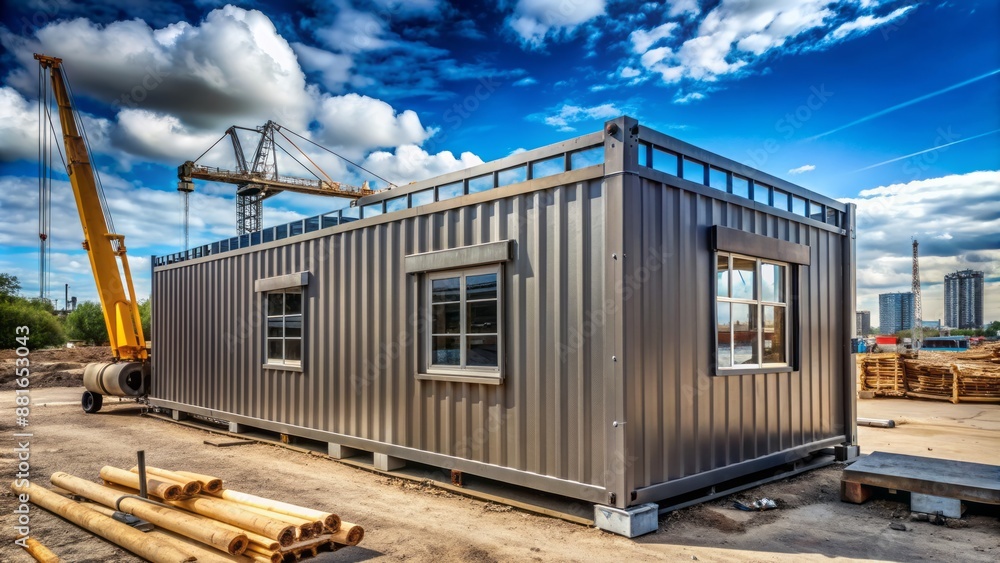 Highly detailed photo realistic rendering of a single-storey prefabricated office container within a newly built mobile industrial construction site landscape Highly detailed photo realistic rendering of a single-storey prefabricated office container within a newly built mobile industrial construction site landscape