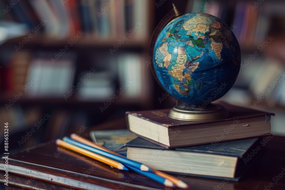 Enhance your study space with an educational globe, surrounded by books and pencils. This timeless setup is perfect for learning, studying, or researching in a cozy and classic atmosphere Enhance your study space with an educational globe, surrounded by books and pencils. This timeless setup is perfect for learning, studying, or researching in a cozy and classic atmosphere