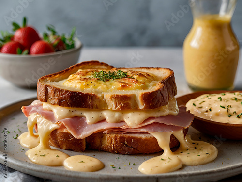 A French croque-monsieur with a combination of Gruyère cheese, ham, béchamel sauce, and a hint of Dijon mustard. photo