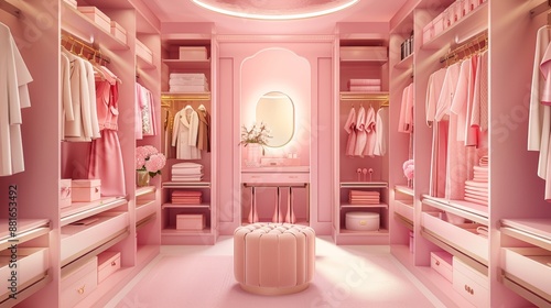 Luxury wardrobe in pink tones stylish clothes organised on shelves in a large walk-in closet interior.. photo