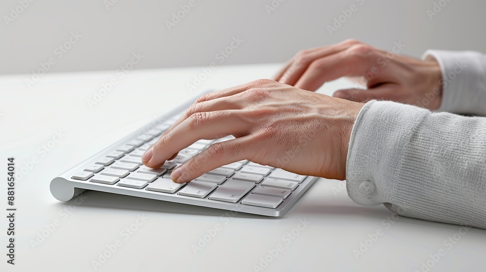 Hands writing on computer keyboard with white background. Topics related to the business world. Computer related topics. Image for graphic designer. Telework. Coworking. Hands and computer. Hands writing on computer keyboard with white background. Topics related to the business world. Computer related topics. Image for graphic designer. Telework. Coworking. Hands and computer.