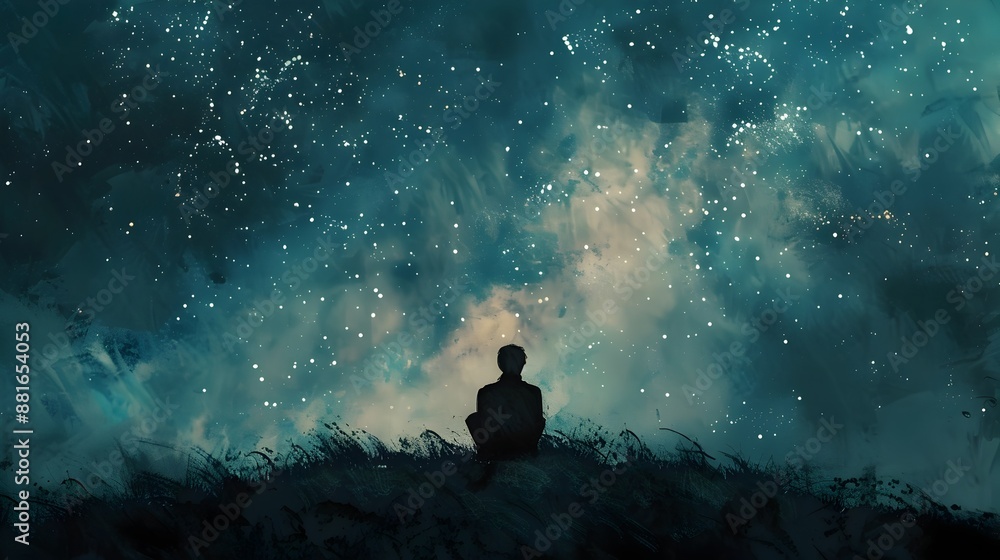 Solitary Figure Gazing at Starry Celestial Landscape in Muted Palette Solitary Figure Gazing at Starry Celestial Landscape in Muted Palette