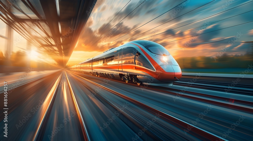 High-Speed Train Speeding Through Scenic Countryside at Dramatic Sunrise High-Speed Train Speeding Through Scenic Countryside at Dramatic Sunrise