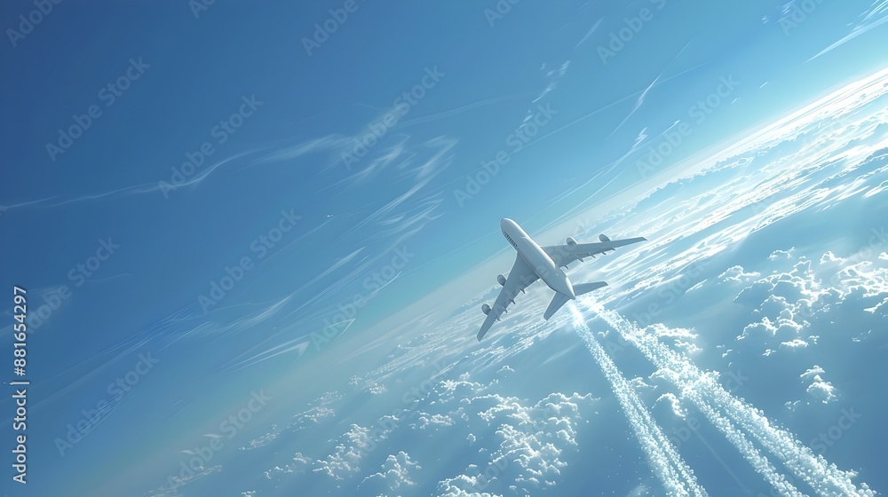 Sleek passenger jet taking off into the clear,azure sky with wispy cirrus clouds on the horizon,high-speed capturing the dramatic launch Sleek passenger jet taking off into the clear,azure sky with wispy cirrus clouds on the horizon,high-speed capturing the dramatic launch