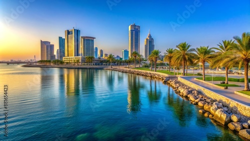 A serene Saudi Arabian coastline with palms, majestic skyscrapers, and vibrant blue waters.