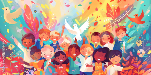 Wallpaper Mural A Joyful Group of Children in a Colorful Scene, Embracing Unity, Happiness, and Cultural Harmony Torontodigital.ca