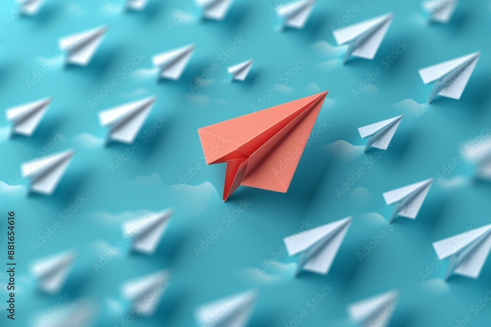 a red paper airplane guiding multiple white planes on a blue background, embodying the concepts of business leadership and efficient corporate performance planning. a red paper airplane guiding multiple white planes on a blue background, embodying the concepts of business leadership and efficient corporate performance planning.