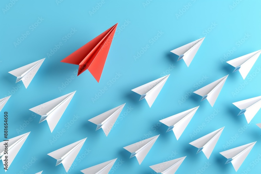 a red paper airplane guiding multiple white planes on a blue background, embodying the concepts of business leadership and efficient corporate performance planning. a red paper airplane guiding multiple white planes on a blue background, embodying the concepts of business leadership and efficient corporate performance planning.